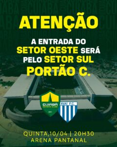 ATENÇÃO, TORCIDA! 

Para o jogo desta quinta (10), às 20h30, na Arena Pantanal,…