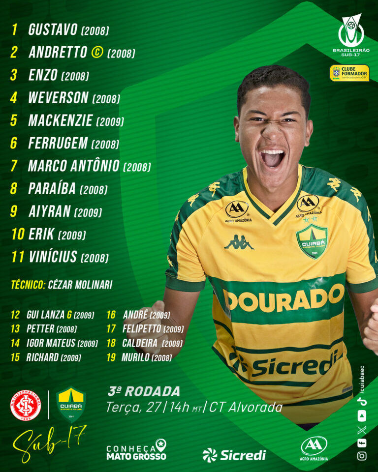 Sub-17 definido para a partida das 14h (MT), em Porto Alegre, contra o Inter!

#…