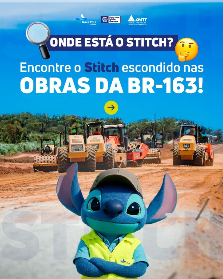O Stitch está de olho nas obras da BR-163… e você?
Deslize o carrossel e tente e…