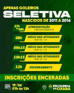 *INSCRIÇÕES ENCERRADAS*

Estão encerradas as inscrições para a Seletiva de Golei…