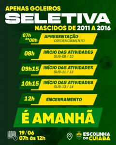 – É nesta Quinta –

Acontece nesta quinta (19) a Seletiva de Goleiros para as Ca…