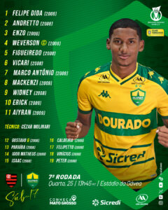 Confira a escalação do Dourado para enfrentar o Flamengo, no Rio, pelo Brasileir…