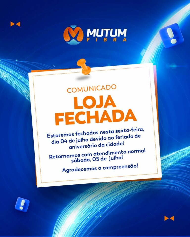 ATENÇÃO!
Nossa loja estará fechada nesta sexta (4), devido ao feriado da cidade…