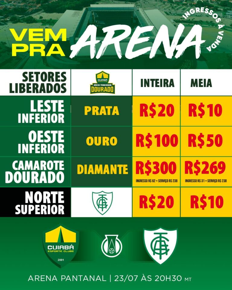Quarta tem Dourado na Arena. Compre seu ingresso. 

 América Mineiro
 18ª Rod. B…