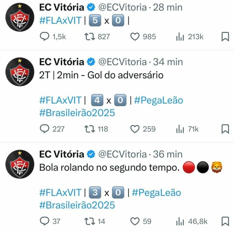 Vitória parou de atualizar o placar após o Flamengo marcar seu quinto gol.