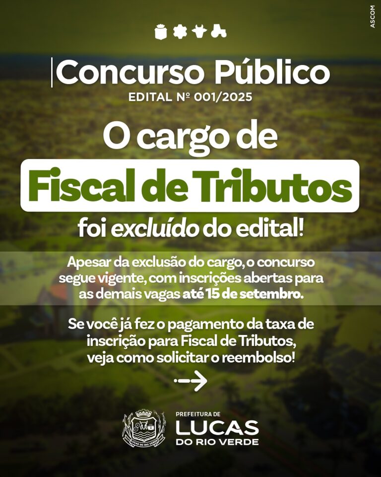 COMUNICADO IMPORTANTE: CONCURSO PÚBLICO 01/2025 

O cargo de Fiscal de Tributos…