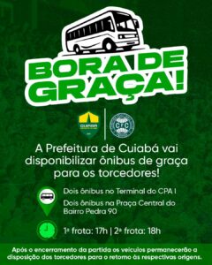 Transporte gratuito para a torcida! 

O Cuiabá, em parceria com a Prefeitura de…