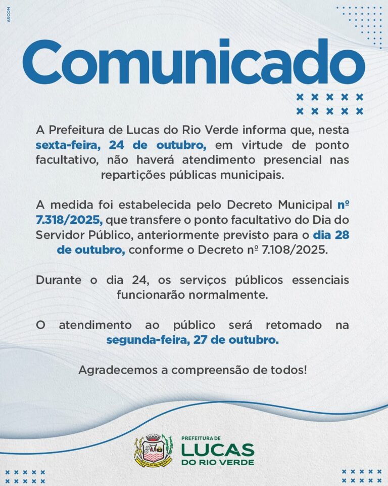 ATENÇÃO! 

A Prefeitura de Lucas do Rio Verde informa: nesta sexta-feira, 24 de…