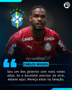 O goleiro Carlos Miguel afirmou que tem o sonho de defender a Seleção Brasileir…