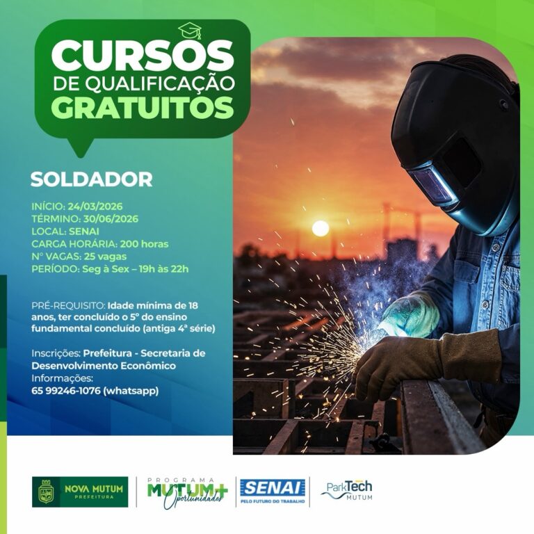 Oportunidade de qualificação gratuita em Nova Mutum! 
A Prefeitura, através da S…