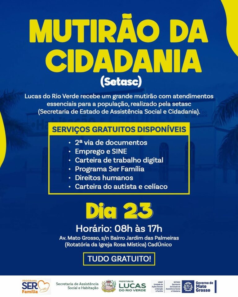 Atenção, Lucas do Rio Verde!

Vem aí um grande mutirão de atendimento para a po…